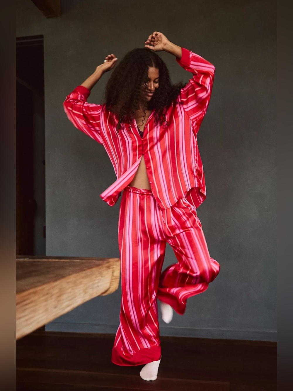 Free People Red and Pink Striped Satin Pajama Set